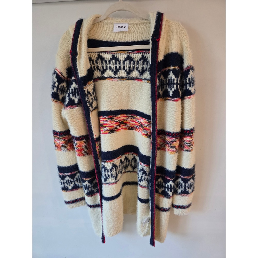 Callahan Knitwear Cream Navy Fair Isle Hooded Eyelash Knit Cardigan Sweater S